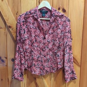 Express Women's Rose Print Button Down Shirt - Pink and Black